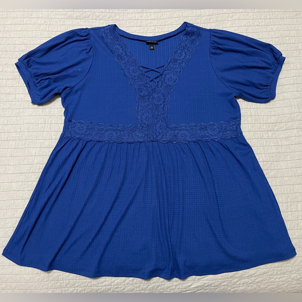 Torrid Babydoll Textured Knit Strappy Short Sleeve Blue Top Size 1X